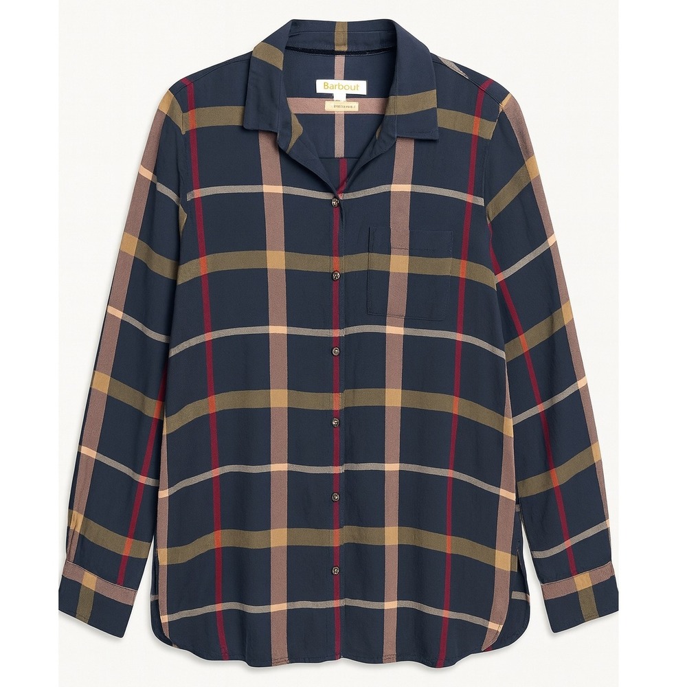 Barbour Winter Oxer Shirt Size 8 Relaxed Fit Plaid Button Up Shirt Navy‎ Blue